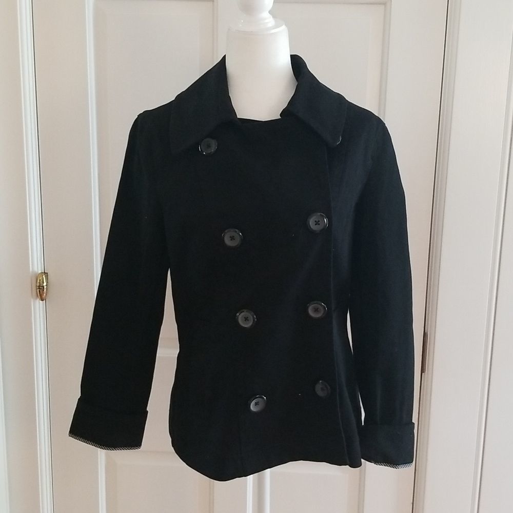 H&M black denim jean jacket, pea coat style, double breasted, size 12